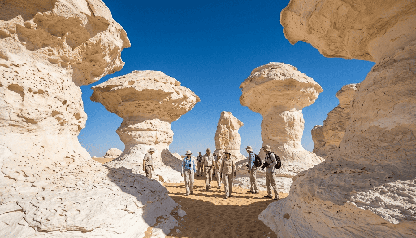 White desert Egypt chalk rock formations shaped like mushrooms against blue sky