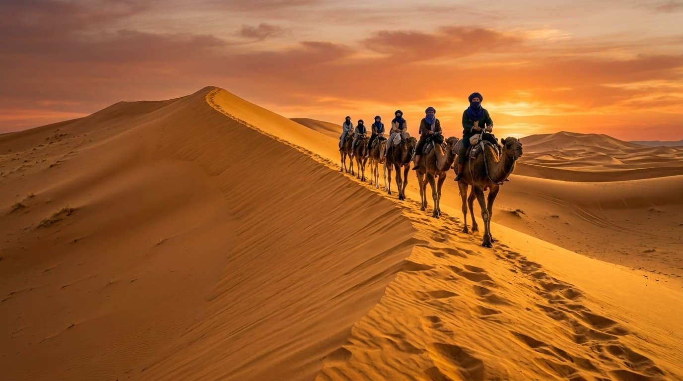 Camel caravan crossing Erg Chebbi dunes in Merzouga at sunset