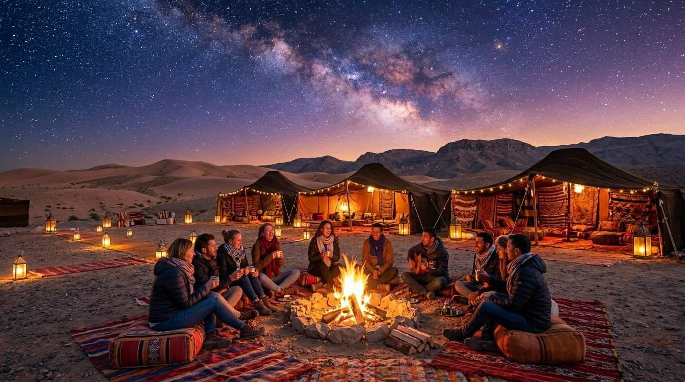 Luxury desert camp in Zagora Morocco under starry night sky