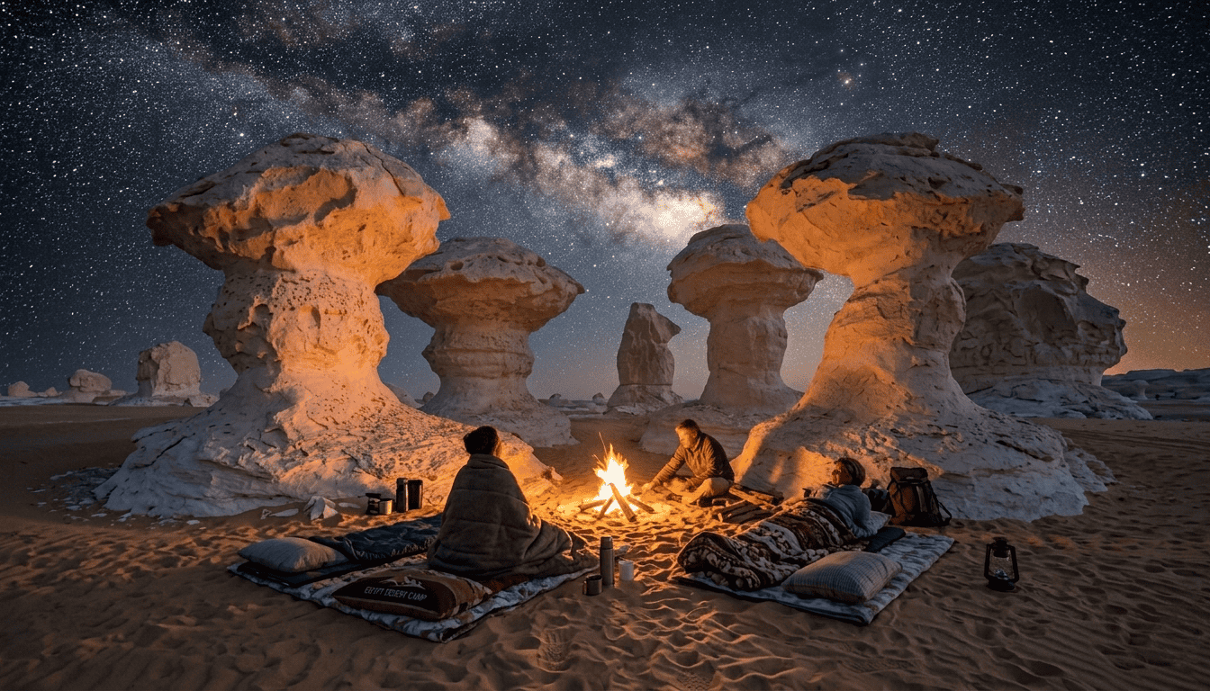 Overnight camping in white desert Egypt under starry Milky Way sky with campfire