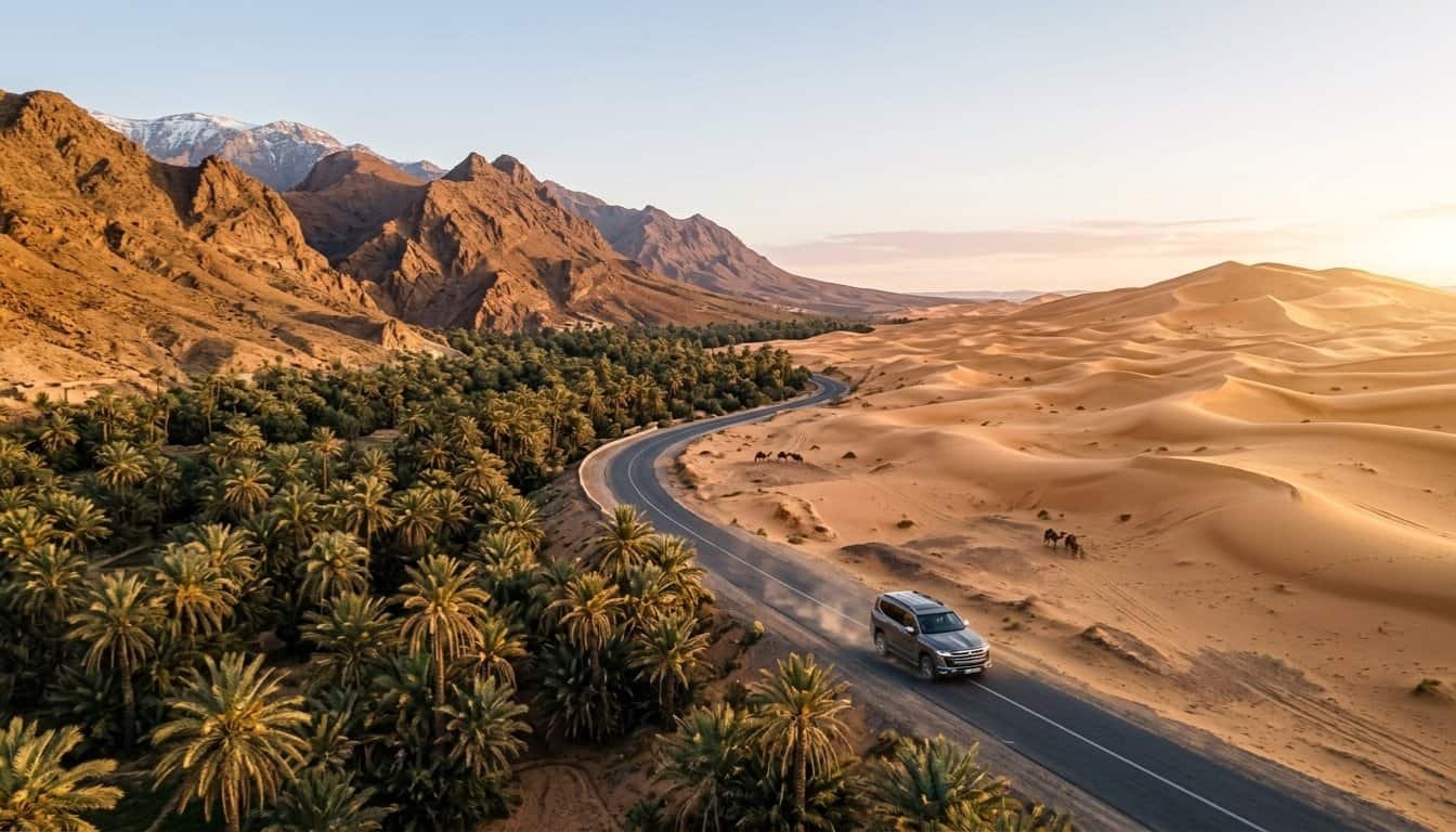 Aerial view of road between Atlas Mountains and Sahara Desert Morocco